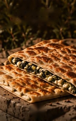 Homemade spinach and cheese flatbread on a board