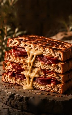 Toasted sucuk and melted cheese sandwich